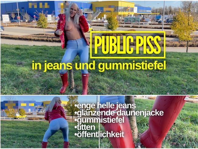 Public piss from Lara-CumKitten! Pee tide in jeans and rubber boots