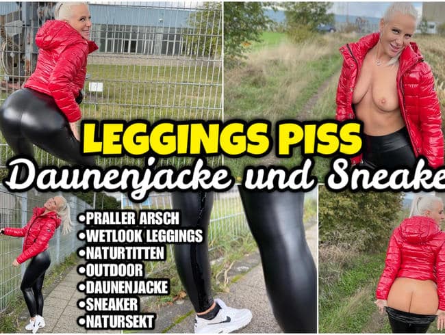 Lara-CumKitten - Leggings públicos PISS | Sexy con chaqueta de plumas y zapatillas de deporte.